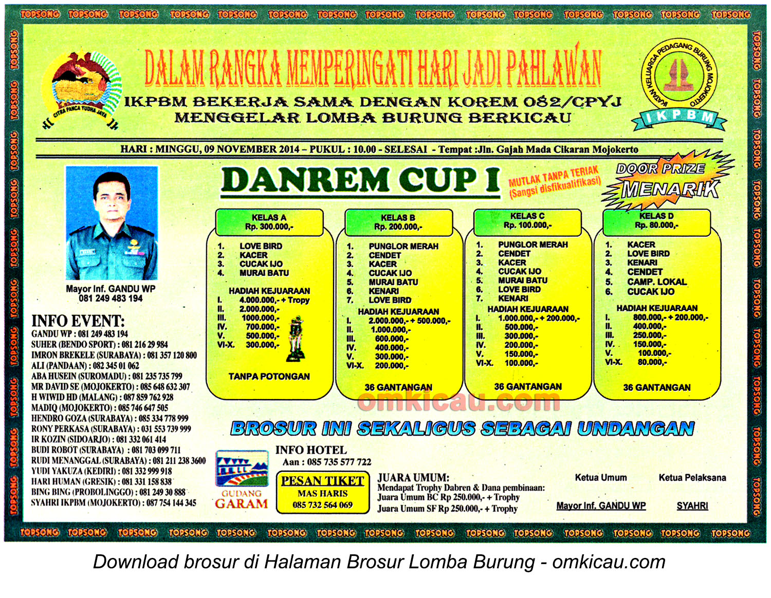 Brosur Lomba Burung Berkicau Danrem Cup I, Mojokerto, 9 November 2014
