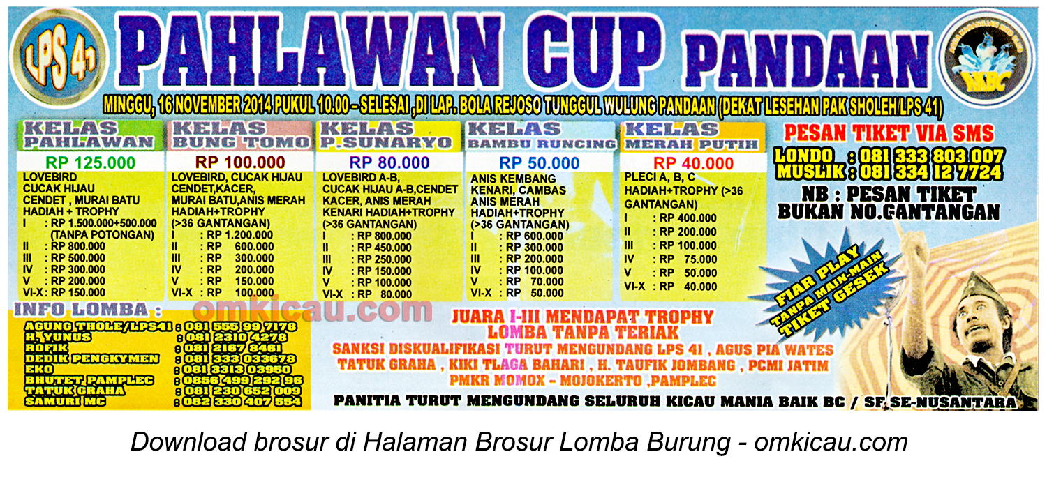 Brosur Lomba Burung Berkicau Pahlawan Cup, Pandaan-Pasuruan, 16 November 2014
