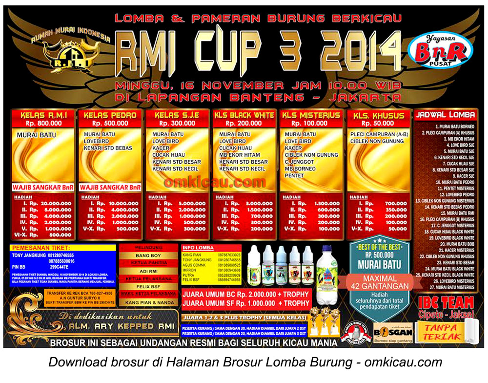 Brosur Lomba Burung Berkicau RMI Cup 3, Jakarta, 16 November 2014
