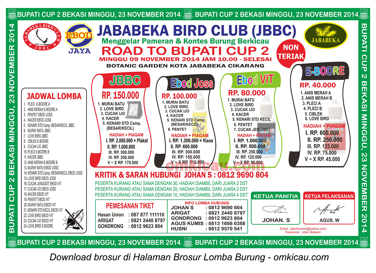 Brosur Lomba Burung Berkicau Road to Bupati Cup 2, Bekasi, 9 November 2014
