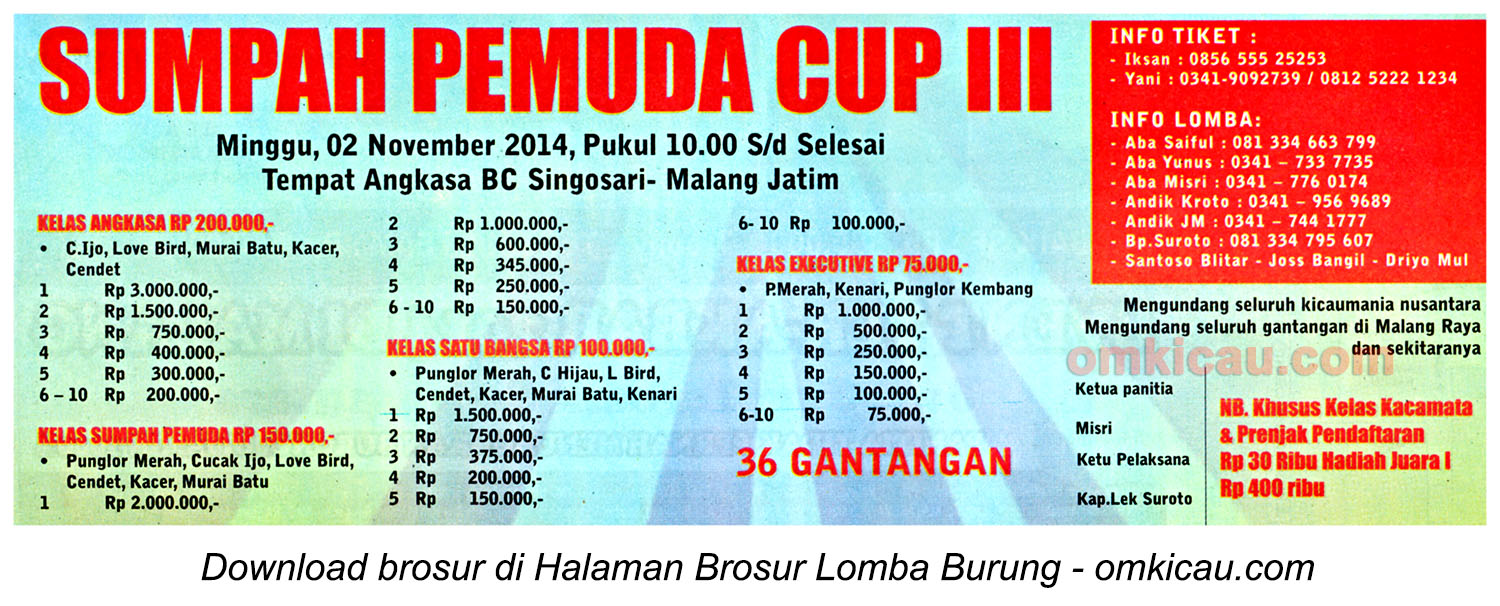 Brosur Lomba Burung Berkicau Sumpah Pemuda Cup III, Malang, 2 November 2014
