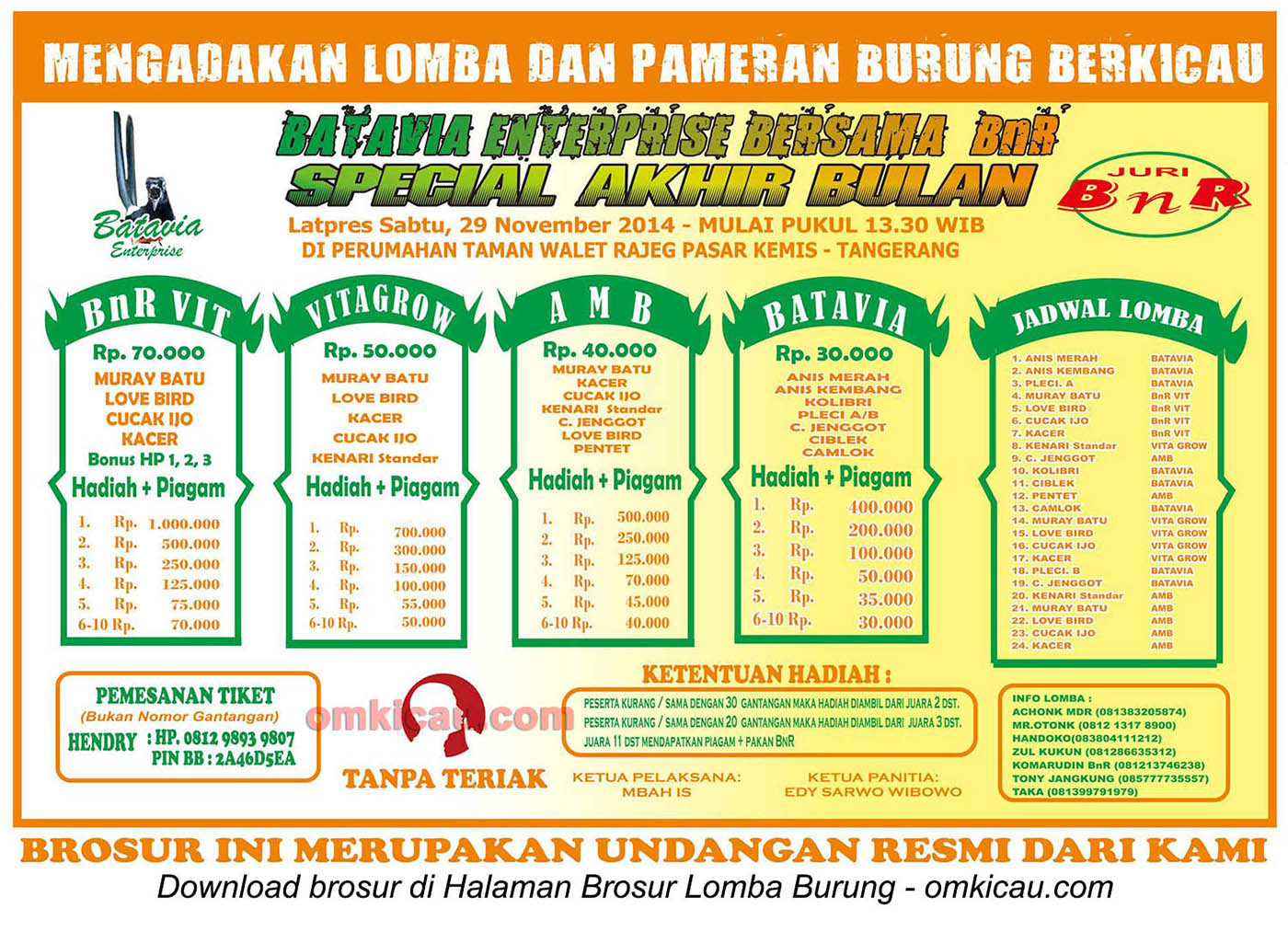 Brosur Lomba Burung Batavia Enterprise Special Akhir Bulan, Tangerang, 29 November 2014
