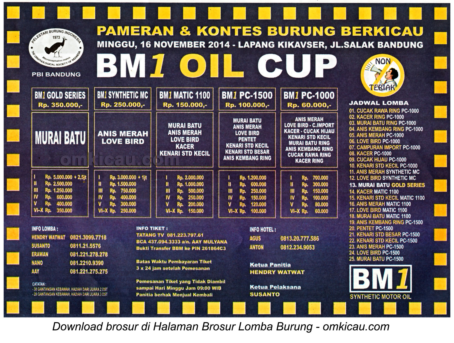 Brosur Lomba Burung Berkicau BM1 Oil Cup, Bandung, 16 November 2014