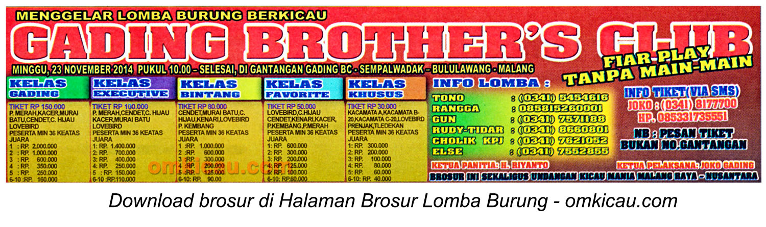 Brosur Lomba Burung Berkicau Gading Brother's Club, Malang, 23 November 2014