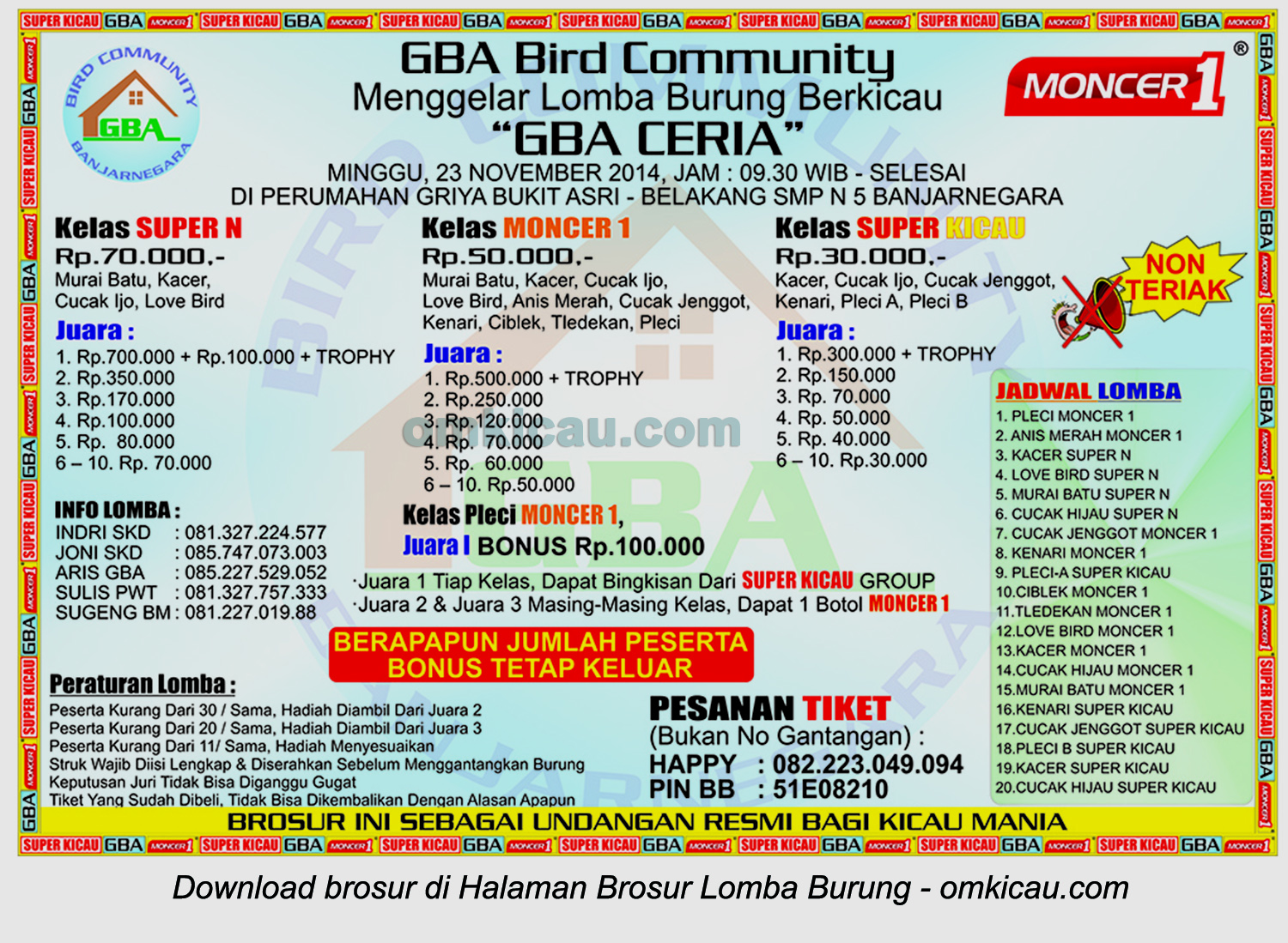 Brosur Lomba Burung Berkicau GBA Ceria, Banjarnegara, 23 November 2014