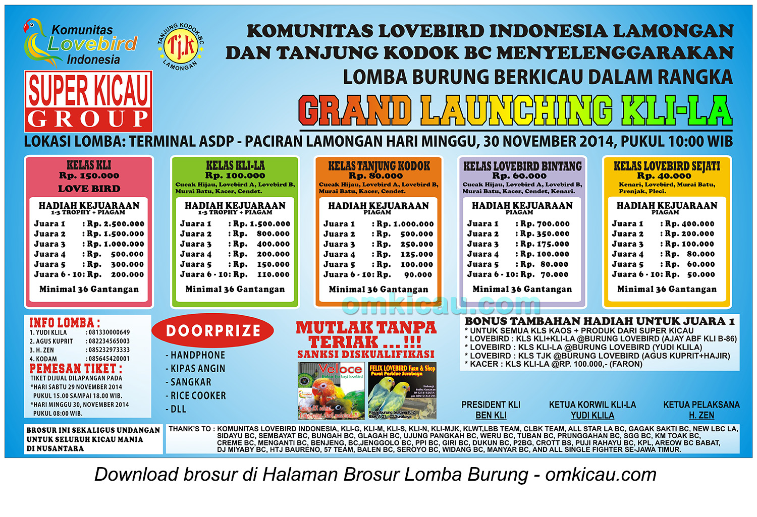 Brosur Lomba Burung Berkicau Grand Launching KLI-LA, Lamongan, 30 November 2014