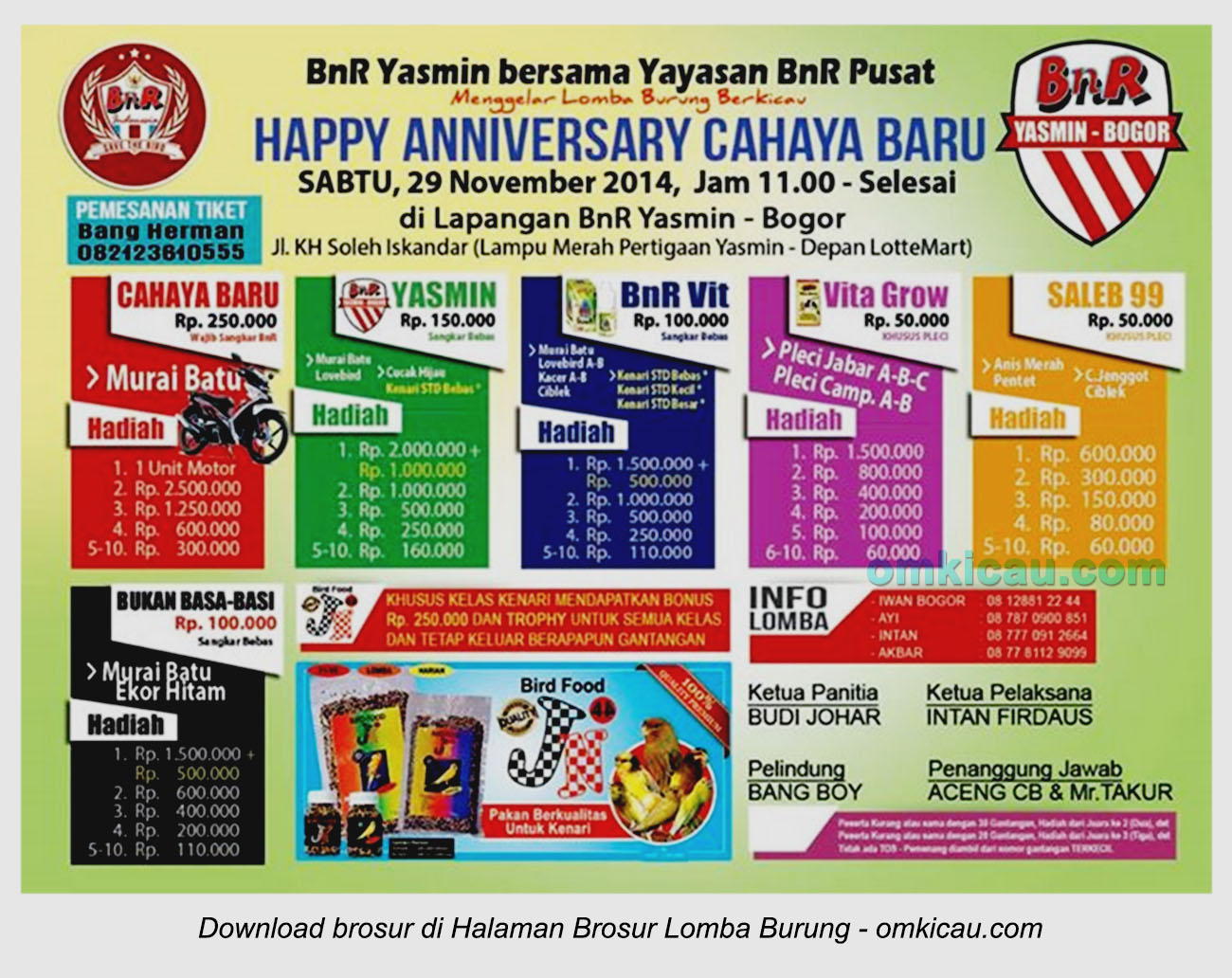 Brosur Lomba Burung Berkicau Happy Anniversary Cahaya Baru, Bogor, 29 November 2014