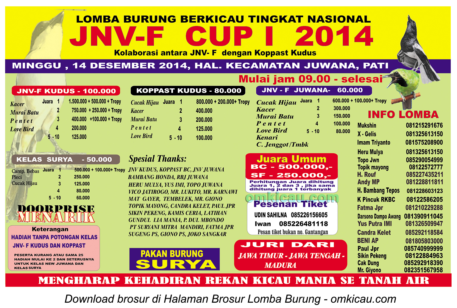 Brosur Lomba Burung Berkicau JNV-F Cup I, Pati, 14 Desember 2014