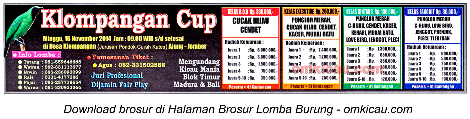 Brosur Lomba Burung Berkicau Klompangan Cup, Jember, 16 November 2014