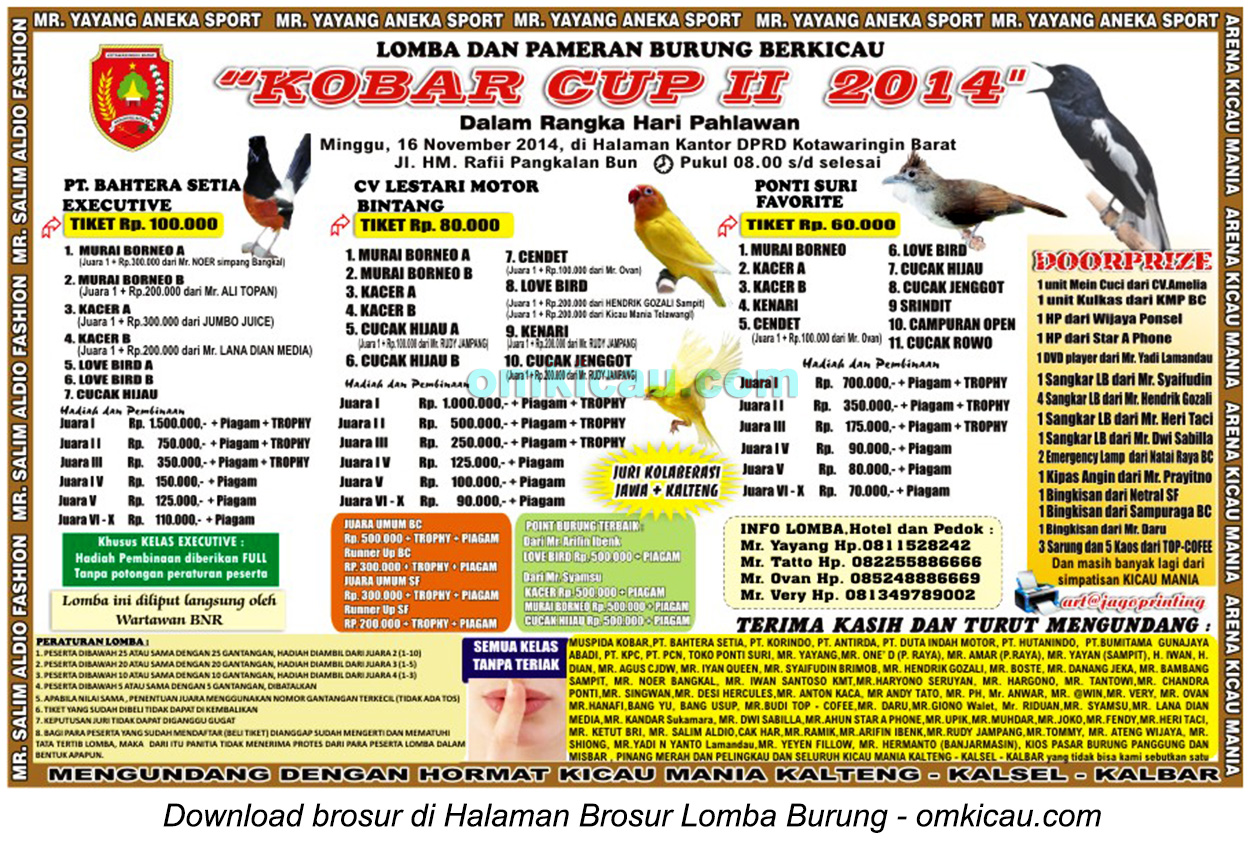 Brosur Lomba Burung Berkicau Kobar Cup II, Kotawaringin Barat, 16 November 2014