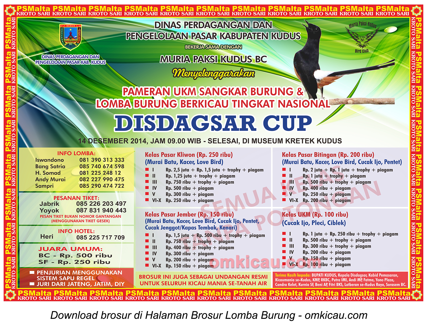 Brosur Lomba Burung Disdagsar Cup Kudus, 14 Desember 2014