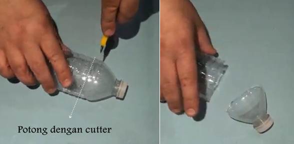 Potong bagian atas botol air mineral dengan menggunakan pisau atau cutter