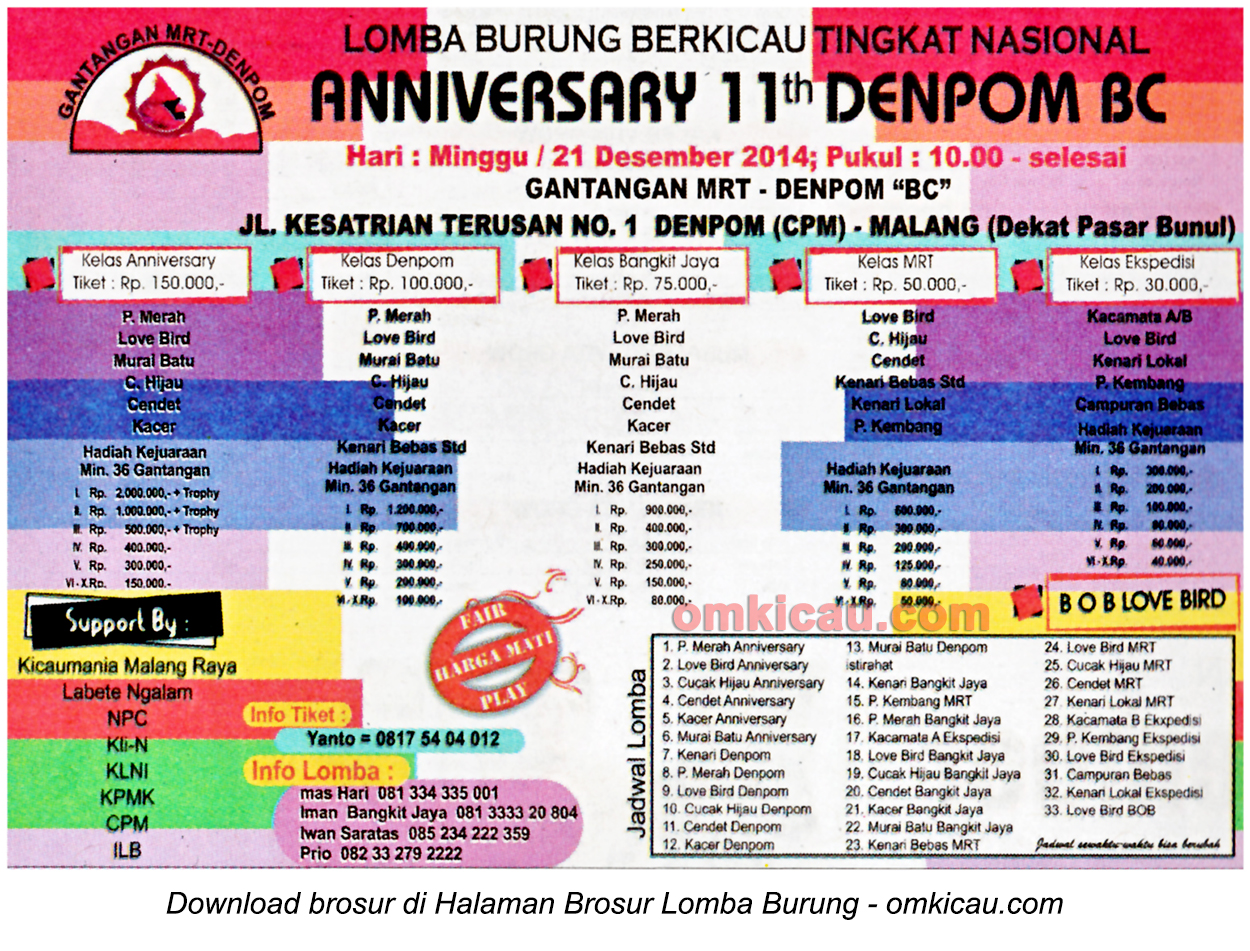 Brosur Lomba Burung Berkicau Anniversary 11th Denpom BC, Malang, 21 Desember 2014