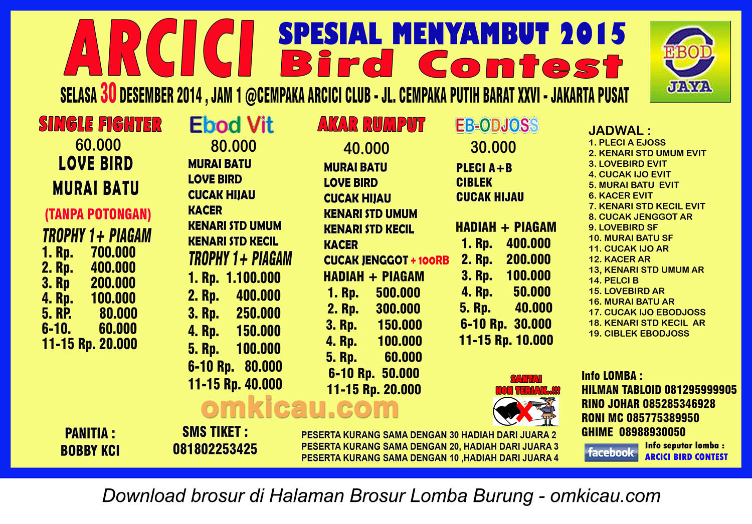 Brosur Lomba Burung Berkicau Arcici Special, Jakarta, 30 Desember 2014
