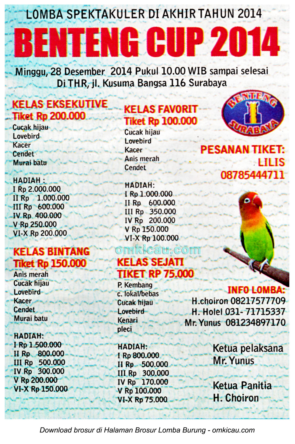 Brosur Lomba Burung Berkicau Benteng Cup, Surabaya, 28 Desember 2014