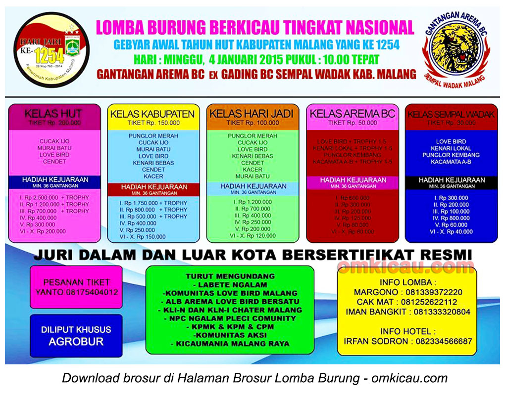 Brosur Lomba Burung Berkicau Gebyar Awal Tahun HUT Kabupaten Malang, 4 Januari 2015