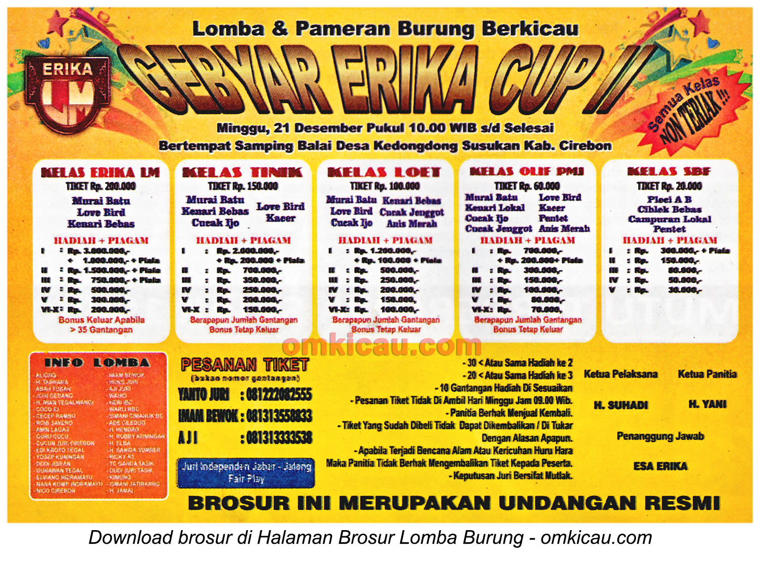 Brosur Lomba Burung Berkicau Gebyar Erika Cup II, Cirebon, 21 Desember 2014
