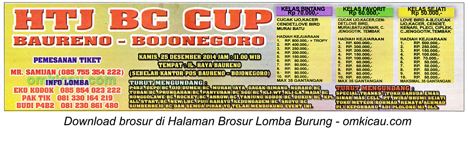 Brosur Lomba Burung Berkicau HTJ BC Cup, Bojonegoro, 25 Desember 2014
