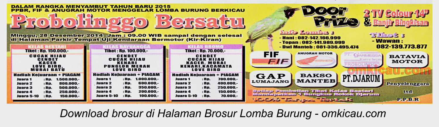 Brosur Lomba Burung Berkicau Probolinggo Bersatu, Probolinggo, 28 Desember 2014