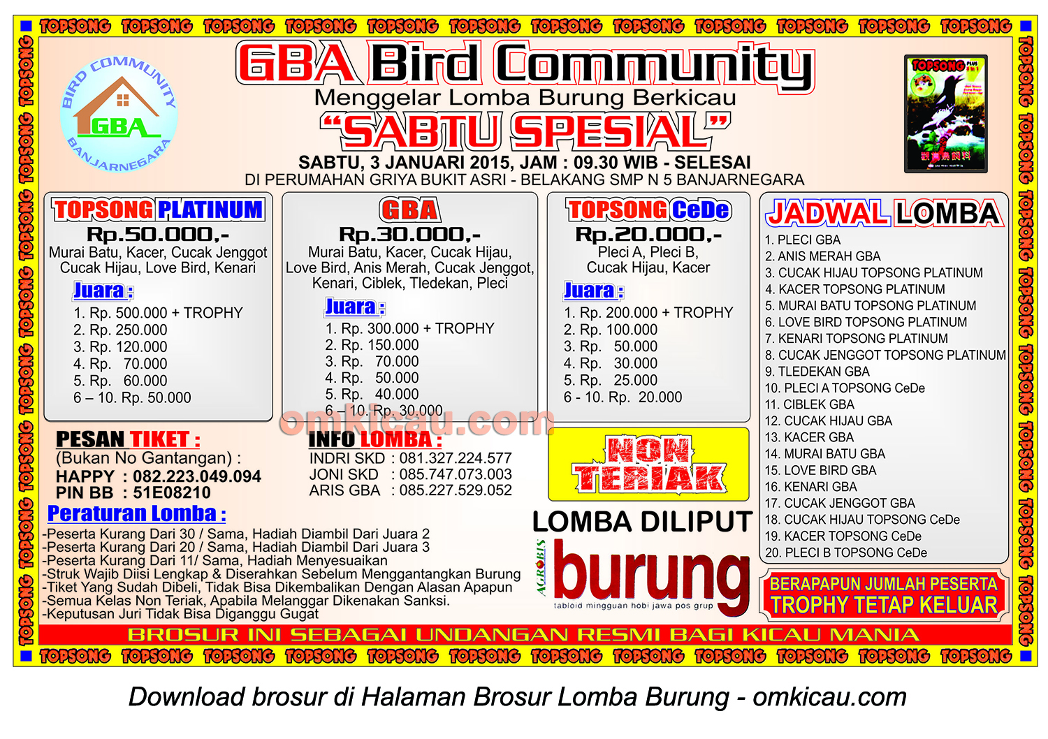 Brosur Lomba Burung Berkicau Sabtu Spesial GBA Community, Banjarnegara, 3 Januari 2015