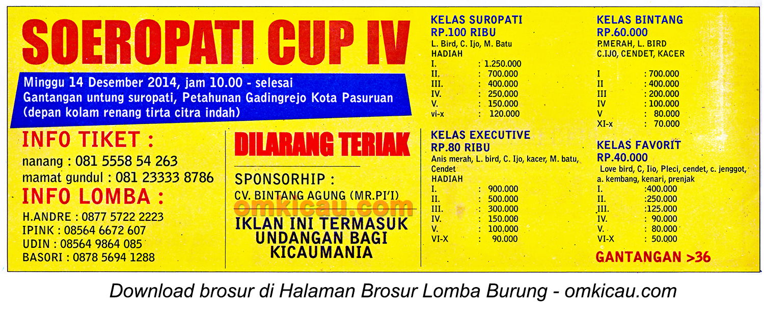 Brosur Lomba Burung Berkicau Soeropati Cup IV, Pasuruan, 14 Desember 2014