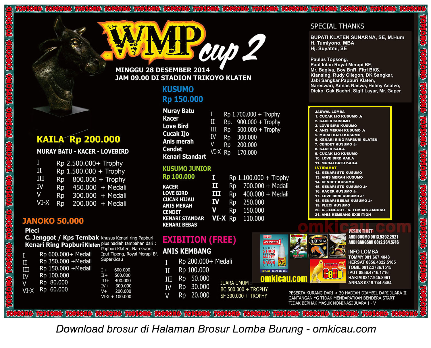 Brosur Lomba Burung Berkicau WMP Cup 2, Klaten, 28 Desember 2014