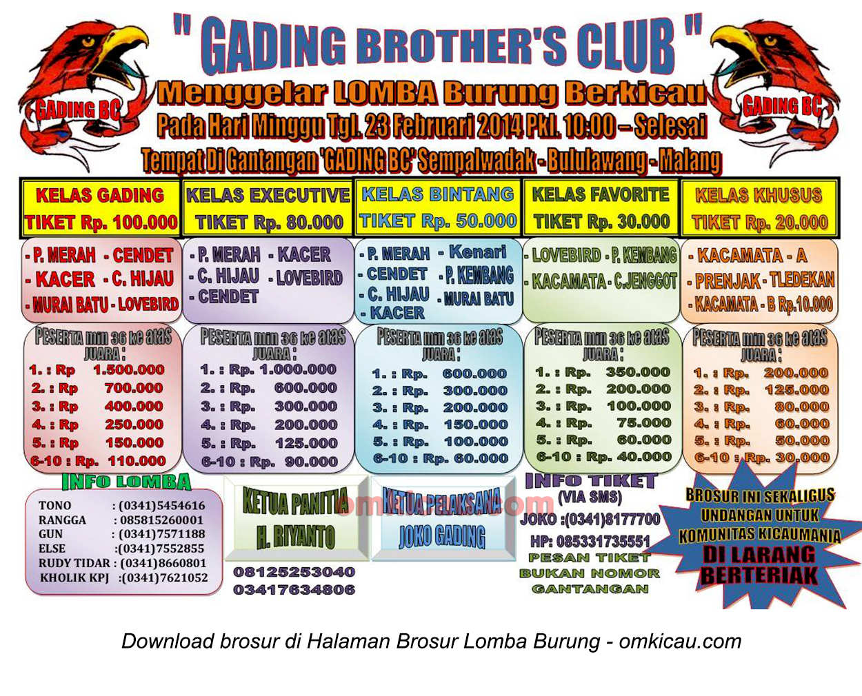Brosur Lomba Burung Berkicau Gading Brothers Club, Malang, 23 Februari 2015
