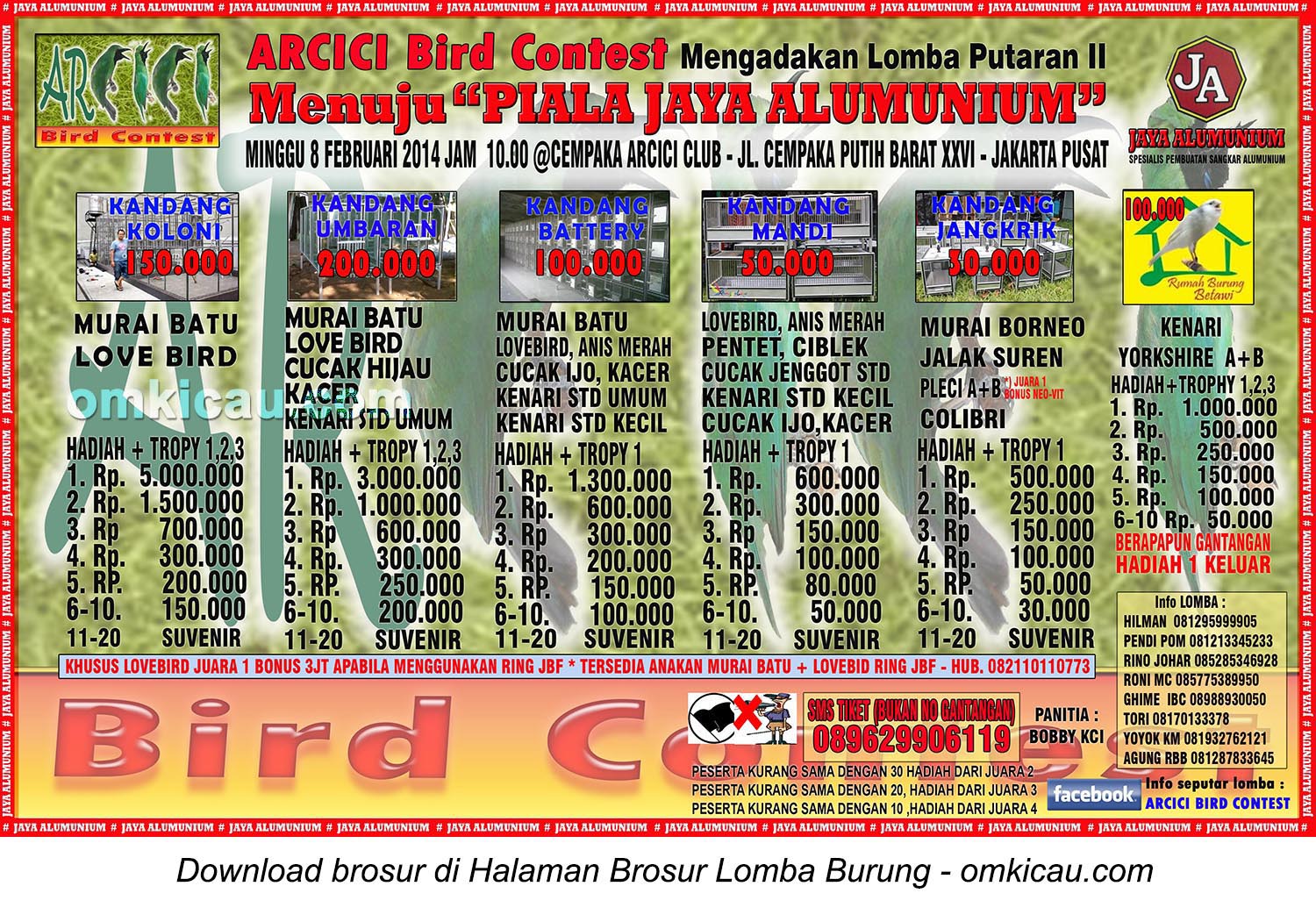 Brosur Lomba Burung Berkicau Menuju Piala Jaya Alumunium Putaran II, Jakarta, 8 Februari 2015