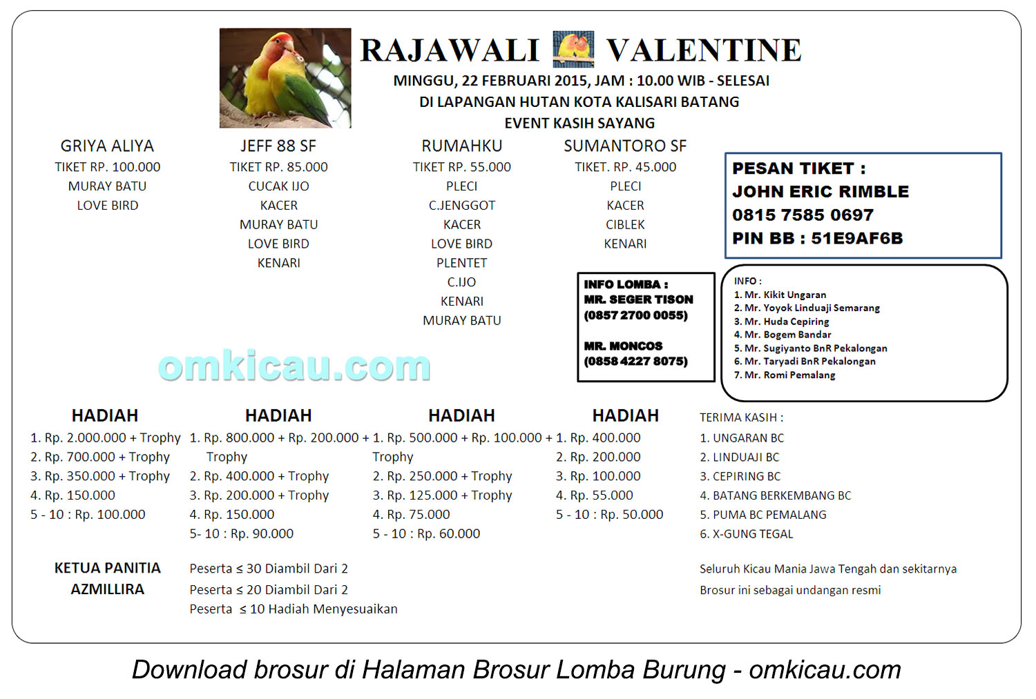 Brosur Lomba Burung Berkicau Rajawali Valentine, Batang, 22 Februari 2015