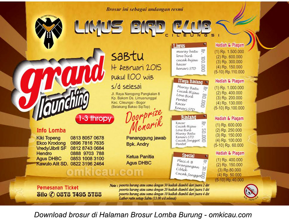 Brosur Lomba Burung Berkicau Grand Launching Limus BC, Bogor, 14 Februari 2015