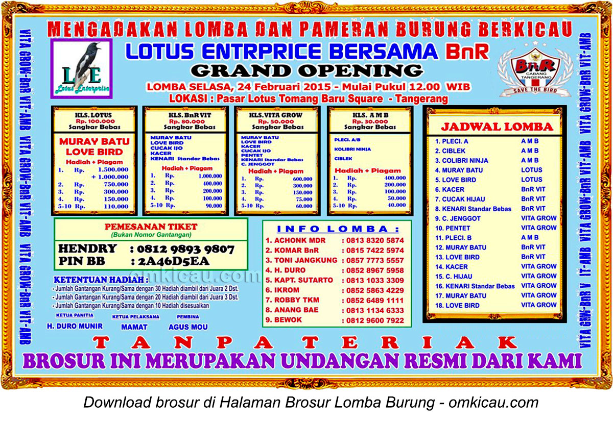 Brosur Lomba Burung Berkicau Grand Opening Lotus Enterprise, Tangerang, 24 Februari 2015
