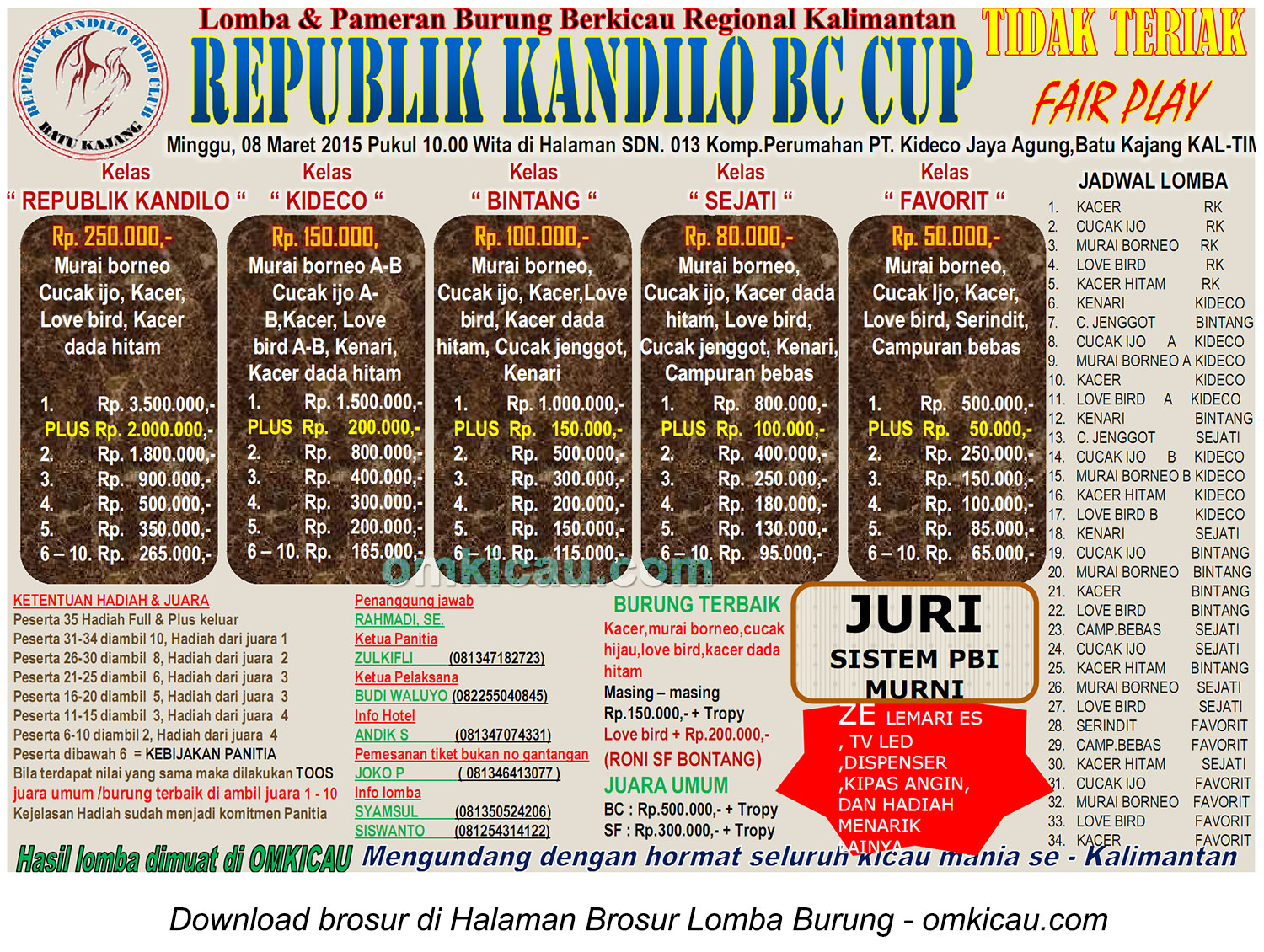 Brosur Lomba Burung Berkicau Republik Kandilo BC Cup, Batu Kajang, 8 Maret 2015