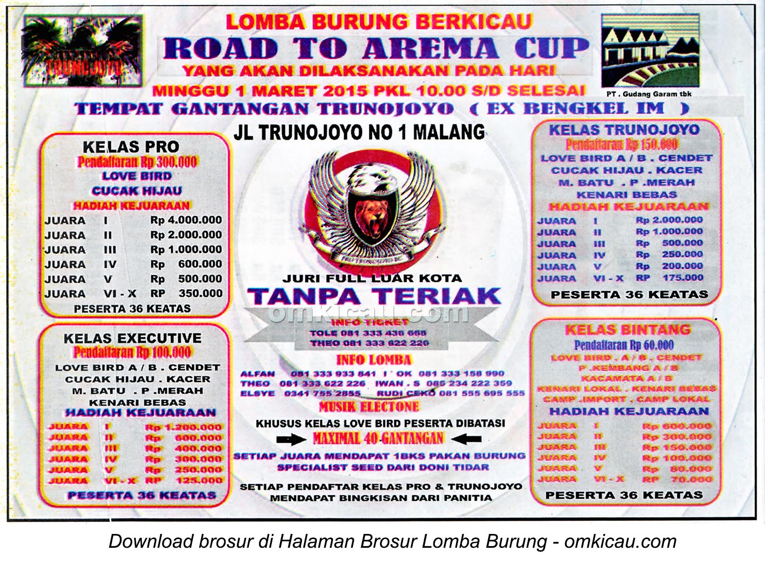 Brosur Lomba Burung Berkicau Road to Arema Cup, Malang, 1 Maret 2015