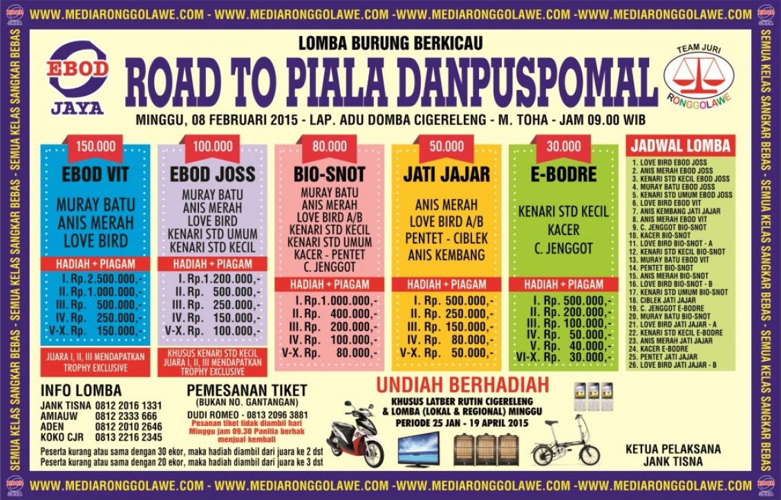 Brosur Lomba Burung Berkicau Road to Piala Danpuspomal, Bandung, 8 Februari 2015