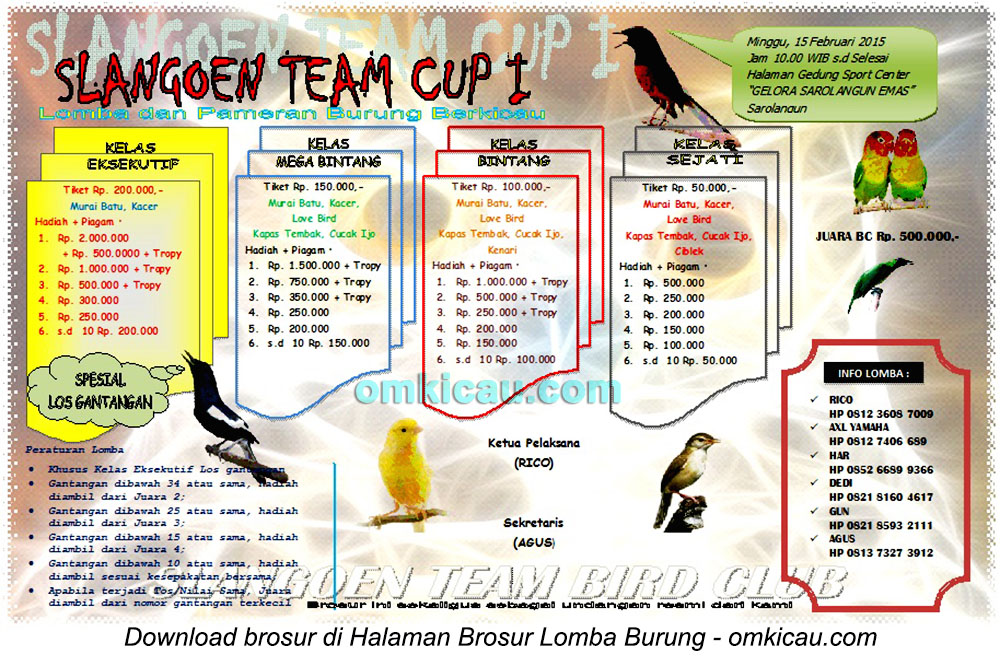 Brosur Lomba Burung Berkicau Slangoen Team Cup I, Sarolangun, 15 Februari 2015