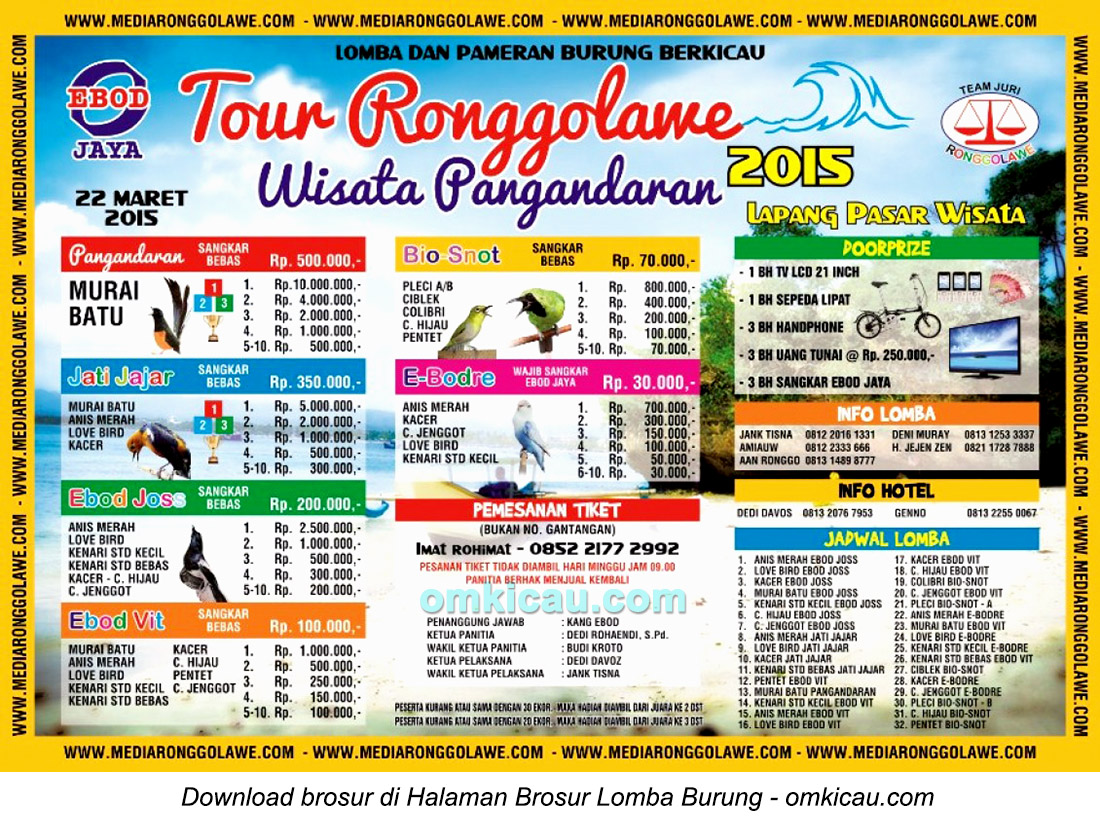 Brosur Lomba Burung Berkicau Tour Ronggolawe Wisata Pangandaran, 22 Maret 2015