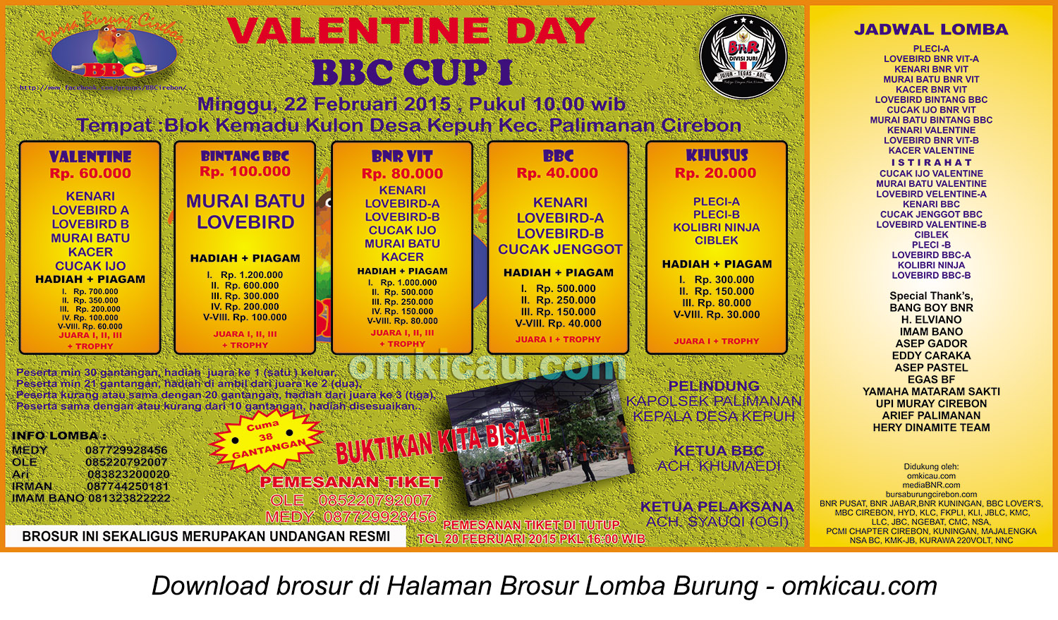 Brosur Lomba Burung Berkicau Valentine Day BBC Cup I, Cirebon, 22 Februari 2015