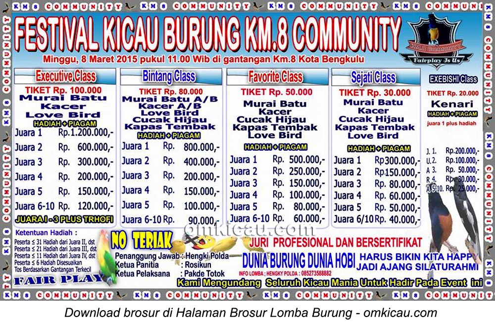 Brosur Festival Kicau Burung Km8 Community, Kota Bengkulu, 8 Maret 2015
