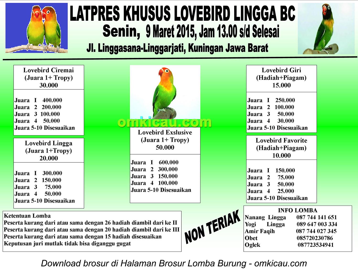 Brosur Latpres Khusus Lovebird Lingga BC, Kuningan, 9 Maret 2015