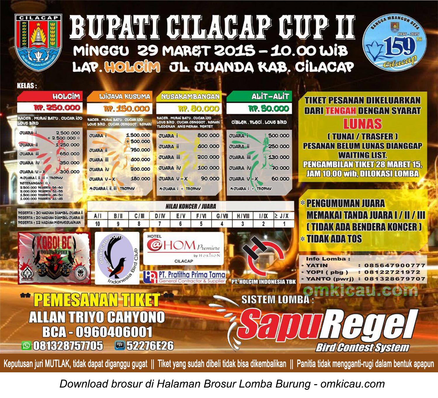 Brosur Lomba Burung Berkicau Bupati Cilacap Cup II, 29 Maret 2015