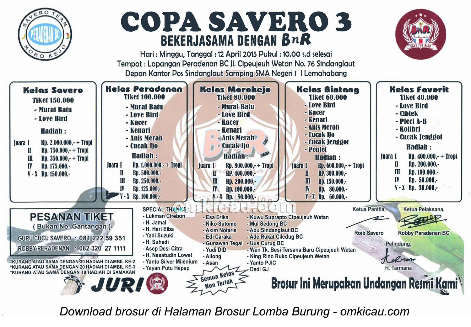 Brosur Lomba Burung Berkicau Copa Savero 3, Cirebon, 12 April 2015