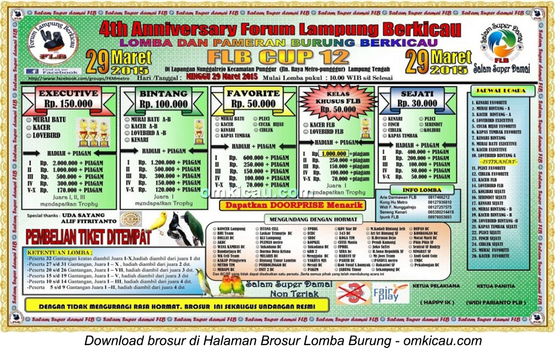 Brosur Lomba Burung Berkicau FLB Cup 12, Lampung Tengah, 29 Maret 2015