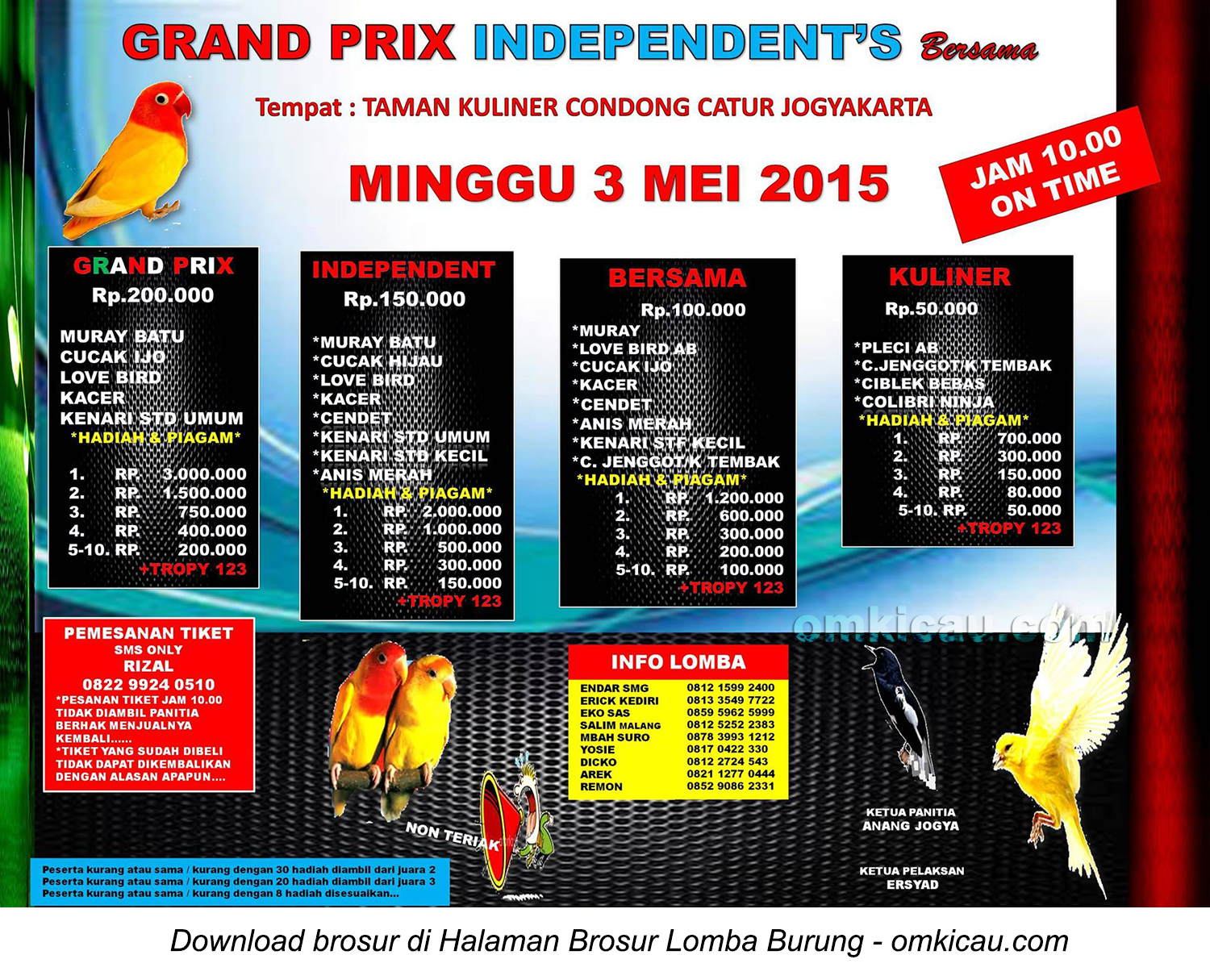 Brosur Lomba Burung Berkicau Grand Prix Independent's, Jogja, 3 Mei 2015