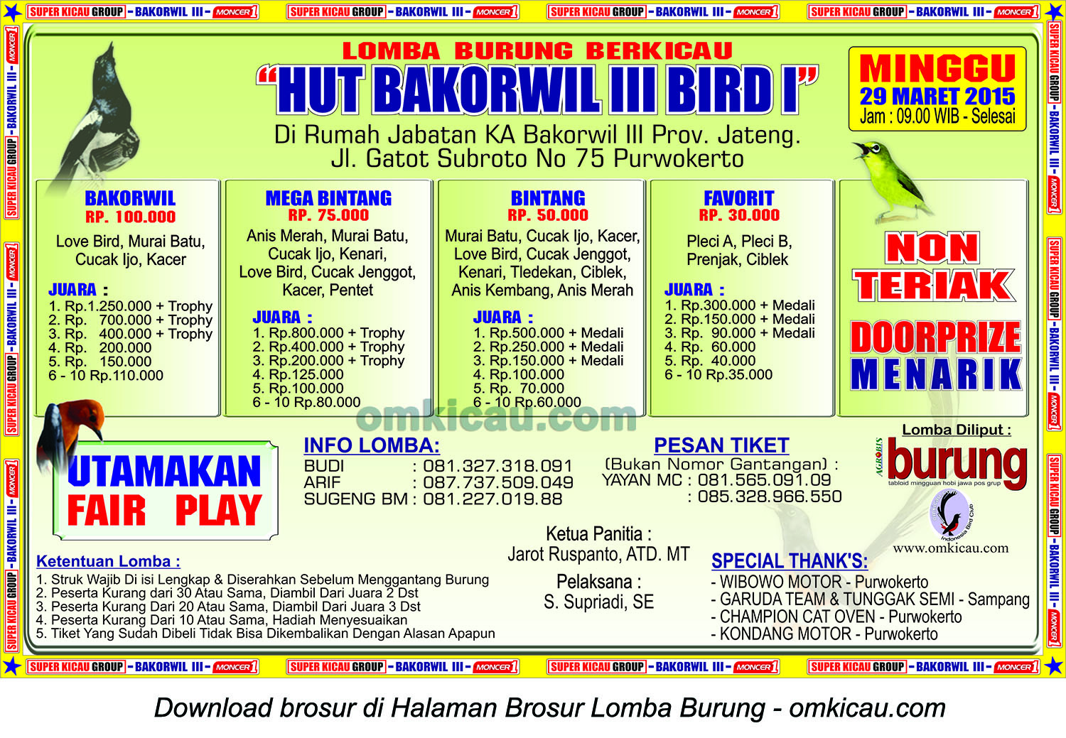 Brosur Lomba Burung Berkicau HUT Bakorwil III Bird I, Purwokerto, 29 Maret 2015