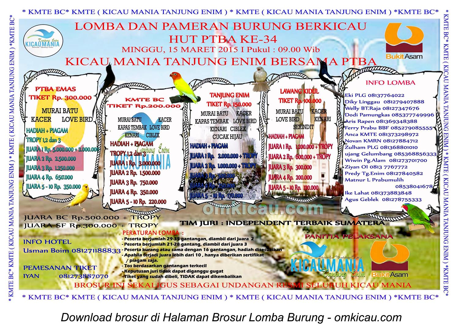 Brosur Lomba Burung Berkicau HUT Ke-34 PTBA, Tanjung Enim, 15 Maret 2015