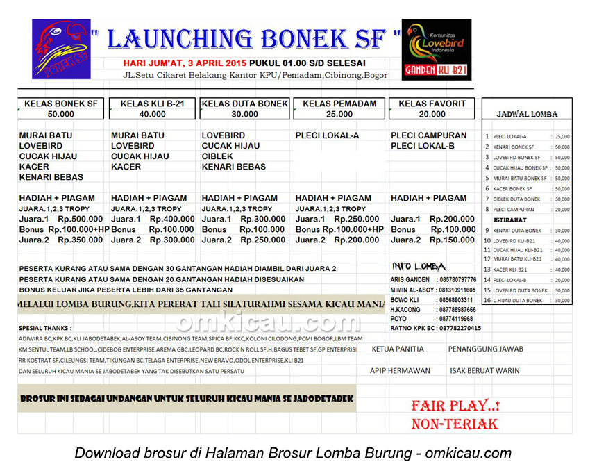 Brosur Lomba burung Berkicau Launching Bonek SF Bogor, 3 April 2015