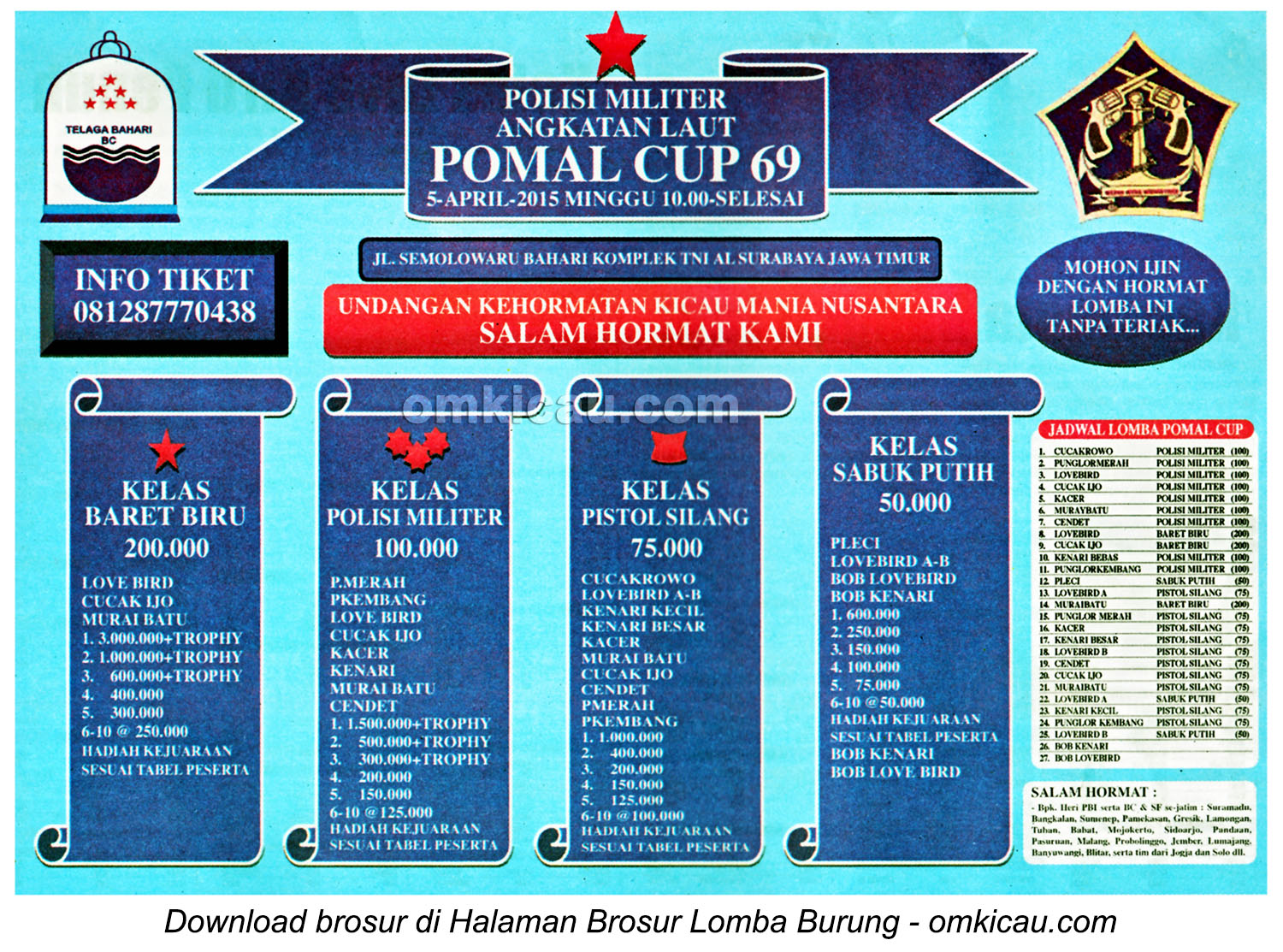 Brosur Lomba Burung Berkicau Pomal Cup 69 Surabaya, 5 April 2015
