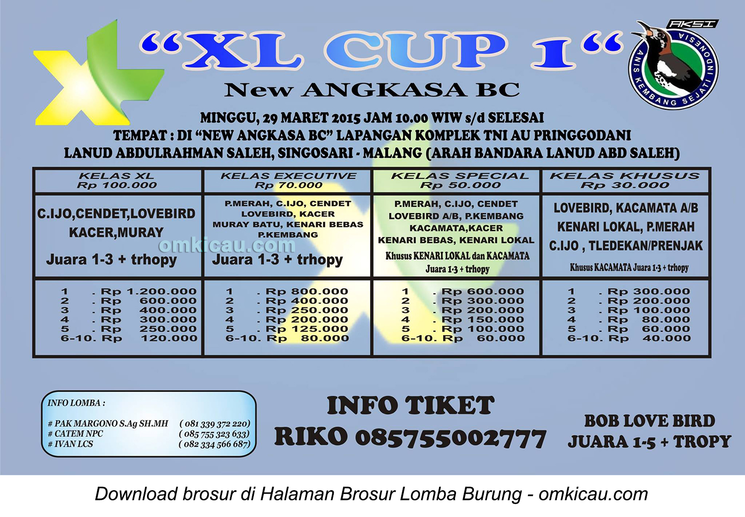 Brosur Lomba Burung Berkicau XL Cup 1 New Angkasa BC, Malang, 29 Maret 2015