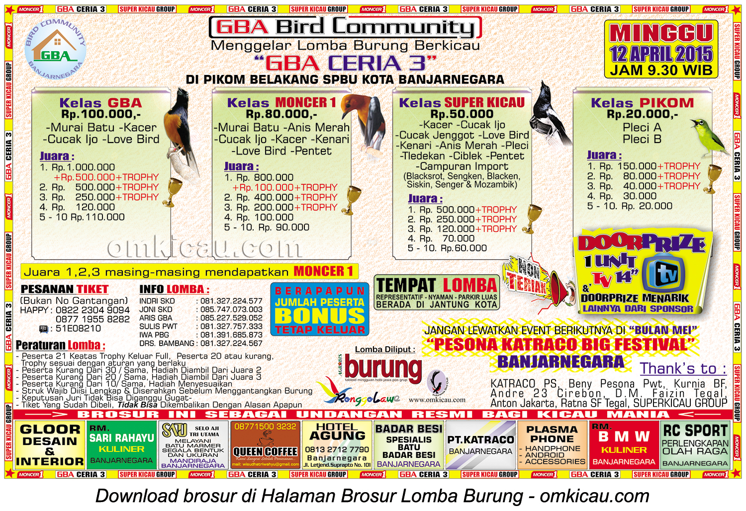 Brosur Lomba Burung Berkicau GBA Ceria 3, Banjarnegara, 12 April 2015