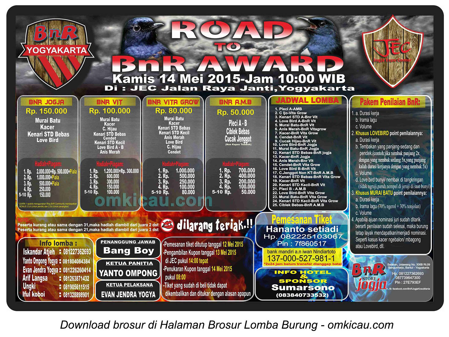 Brosur Lomba Burung Berkicau Road to BnR Award, Jogja, 14 Mei 2015